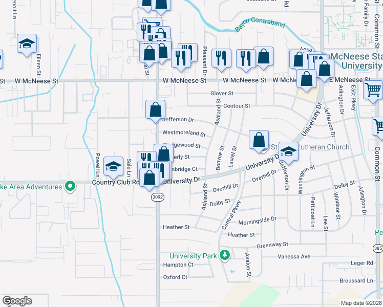 map of restaurants, bars, coffee shops, grocery stores, and more near 1324 Waverly St in Lake Charles