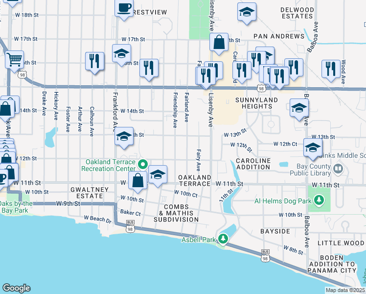 map of restaurants, bars, coffee shops, grocery stores, and more near 1211 Fairland Avenue in Panama City