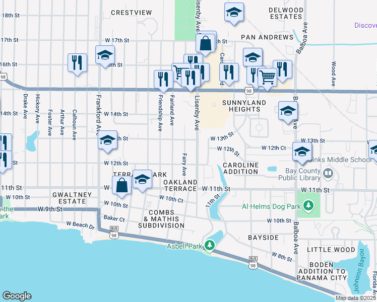 map of restaurants, bars, coffee shops, grocery stores, and more near 1212 Fairy Avenue in Panama City