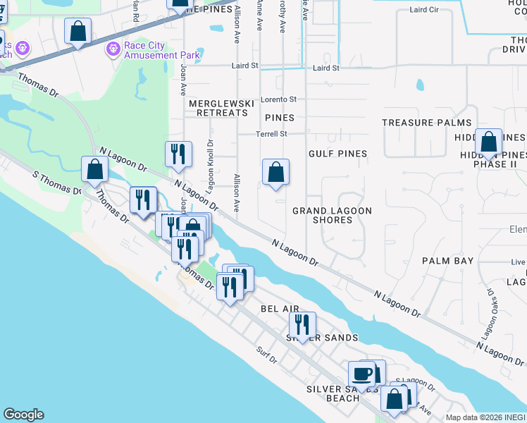 map of restaurants, bars, coffee shops, grocery stores, and more near 157 Rusty Gans Drive in Panama City Beach