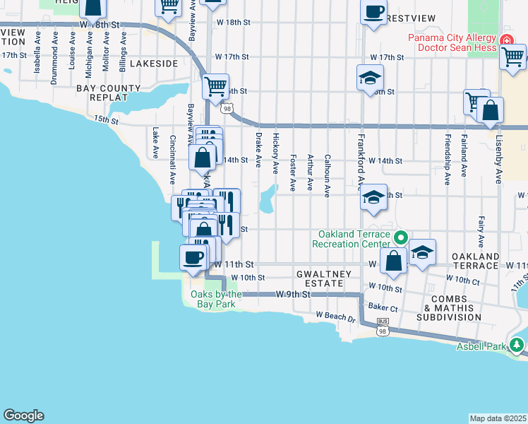 map of restaurants, bars, coffee shops, grocery stores, and more near 1208 Drake Avenue in Panama City