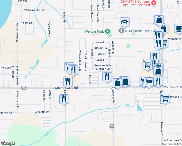 map of restaurants, bars, coffee shops, grocery stores, and more near 2515 Vogue in Lake Charles