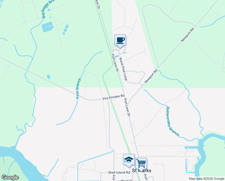 map of restaurants, bars, coffee shops, grocery stores, and more near 34 Fire Escape Road in Saint Marks