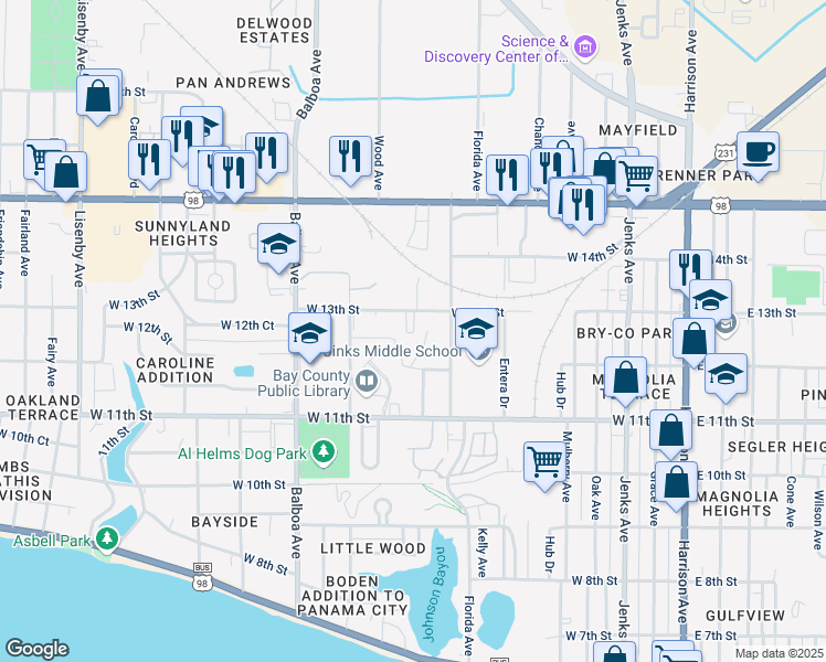 map of restaurants, bars, coffee shops, grocery stores, and more near 709 West 13th Street in Panama City
