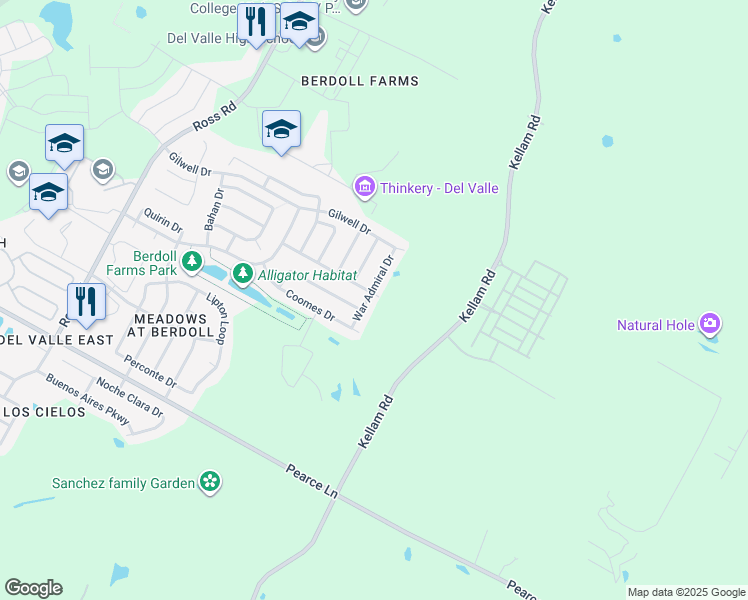 map of restaurants, bars, coffee shops, grocery stores, and more near 5701 War Admiral Drive in Del Valle