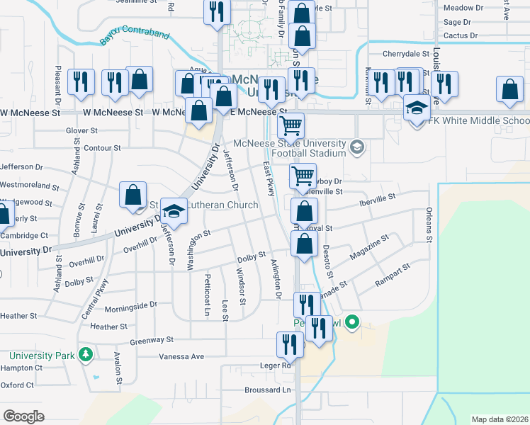 map of restaurants, bars, coffee shops, grocery stores, and more near 263 Arlington Dr in Lake Charles