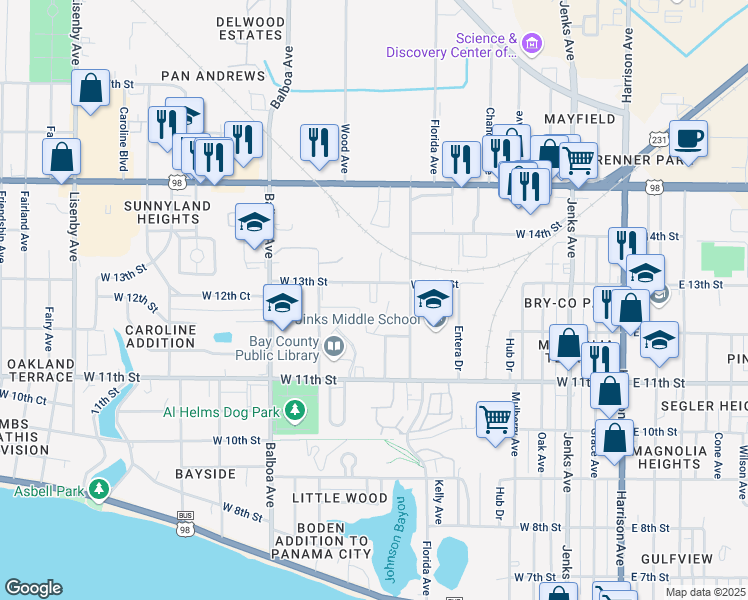 map of restaurants, bars, coffee shops, grocery stores, and more near 709 West 13th Street in Panama City