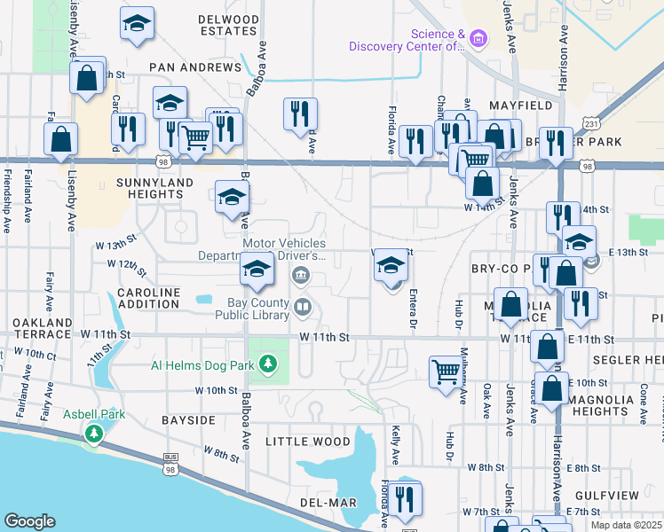 map of restaurants, bars, coffee shops, grocery stores, and more near 709 West 13th Street in Panama City