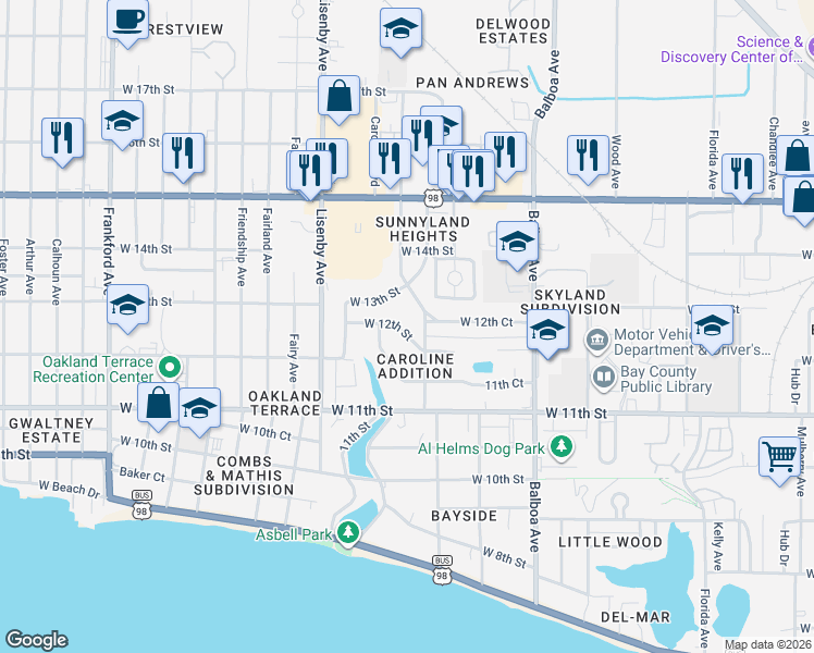 map of restaurants, bars, coffee shops, grocery stores, and more near 1205 Buena Vista Boulevard in Panama City