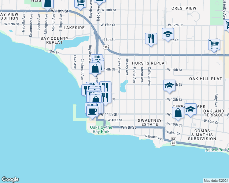 map of restaurants, bars, coffee shops, grocery stores, and more near 2750 West 12th Street in Panama City