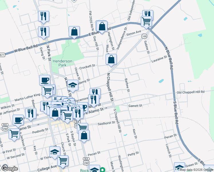 map of restaurants, bars, coffee shops, grocery stores, and more near 804 Spencer St in Brenham