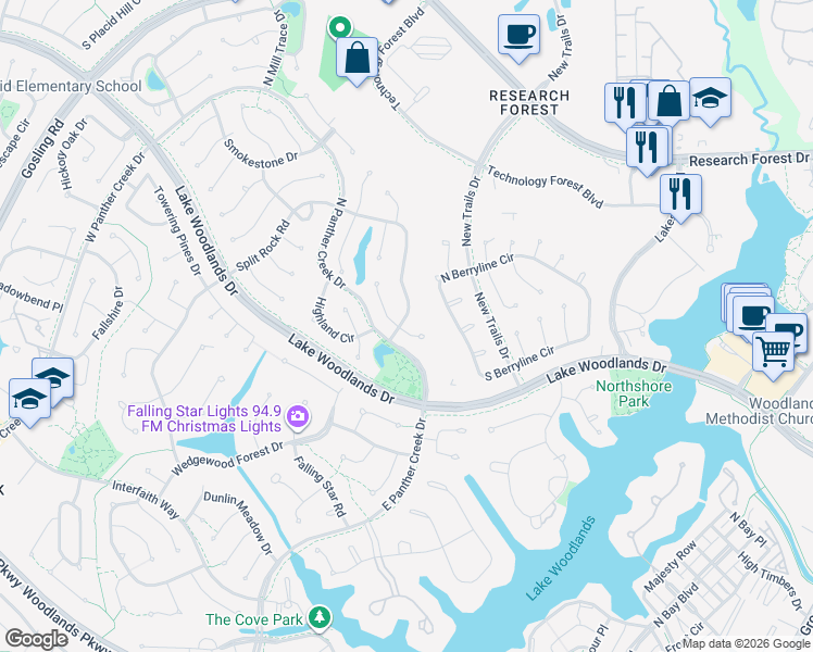 map of restaurants, bars, coffee shops, grocery stores, and more near 14 East Rock Wing Place in Spring