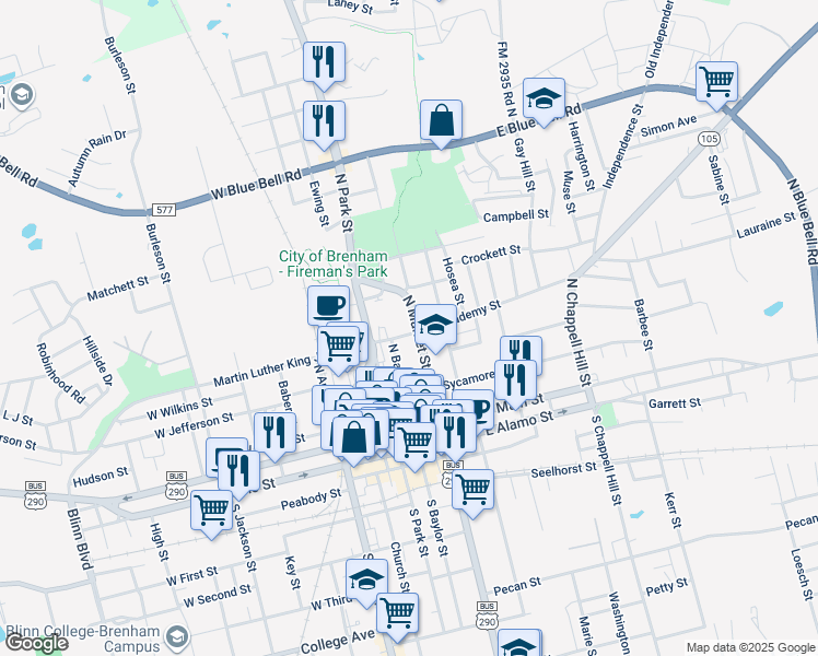 map of restaurants, bars, coffee shops, grocery stores, and more near 207 East Academy Street in Brenham