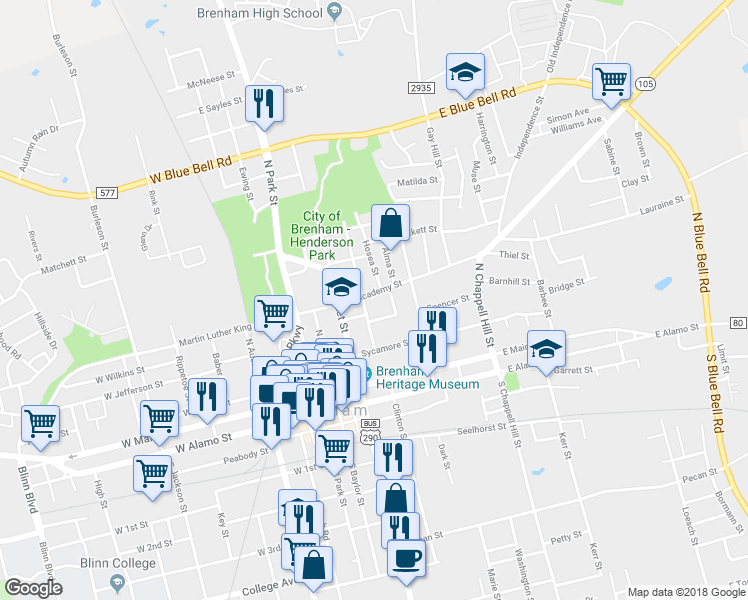 map of restaurants, bars, coffee shops, grocery stores, and more near 406 Cottonwood Street in Brenham