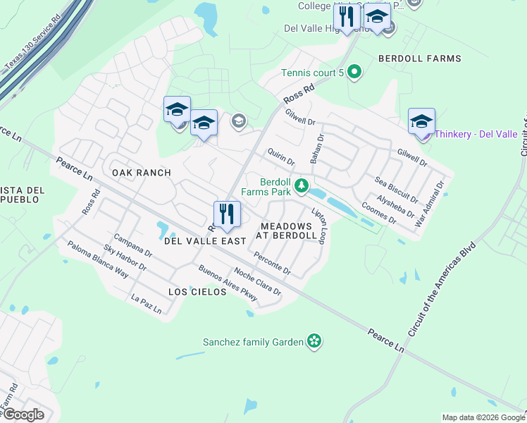 map of restaurants, bars, coffee shops, grocery stores, and more near 5616 Malarkey Road in Del Valle