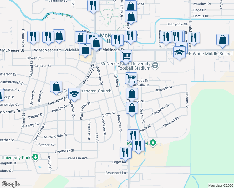 map of restaurants, bars, coffee shops, grocery stores, and more near 263 Arlington Dr in Lake Charles