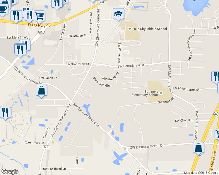 map of restaurants, bars, coffee shops, grocery stores, and more near 1308 Southwest Indian Glen in Lake City