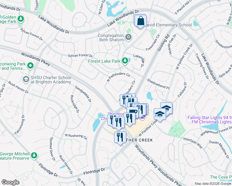 map of restaurants, bars, coffee shops, grocery stores, and more near 34 Duskymeadow Place in The Woodlands
