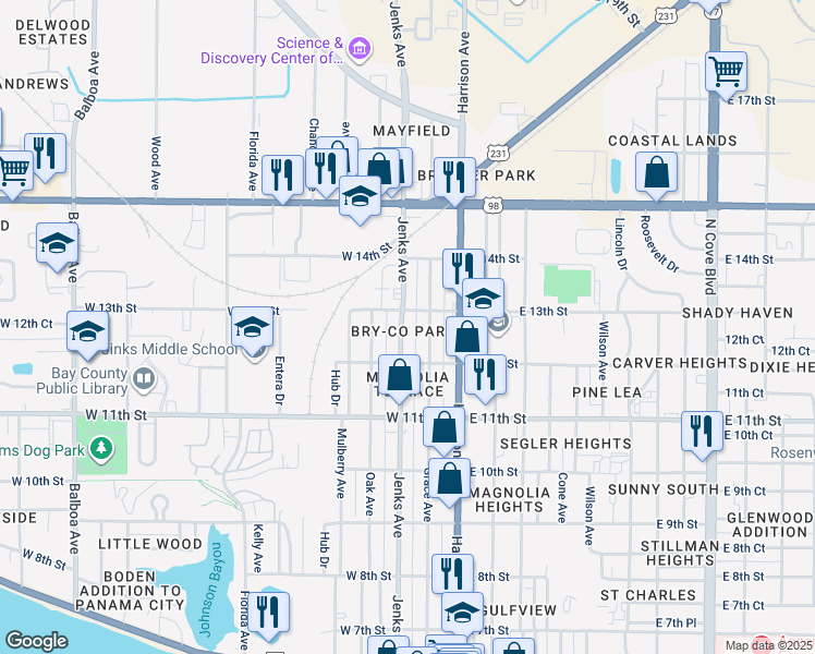 map of restaurants, bars, coffee shops, grocery stores, and more near 1234 Jenks Avenue in Panama City