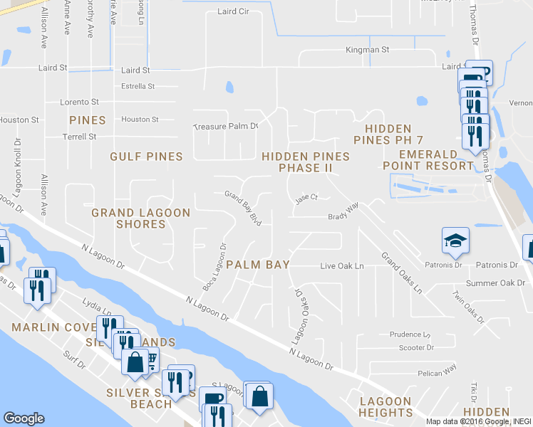 map of restaurants, bars, coffee shops, grocery stores, and more near 157 Palm Grove Boulevard in Panama City Beach