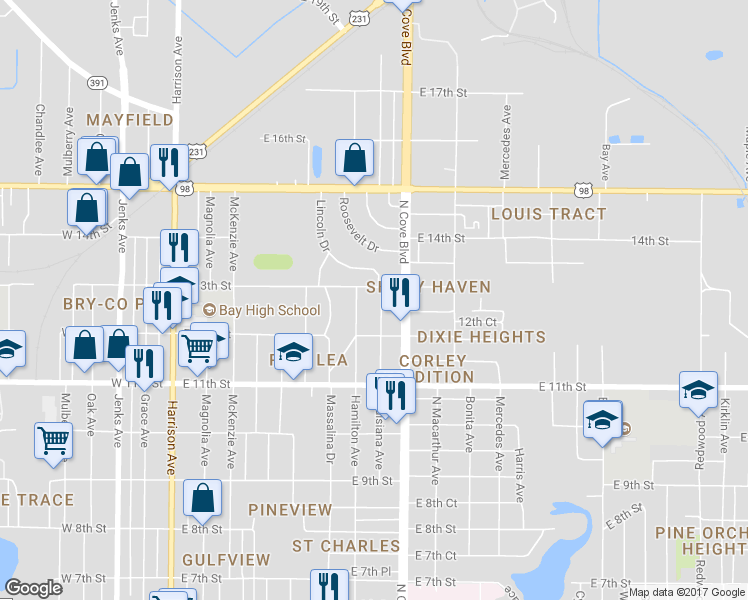 map of restaurants, bars, coffee shops, grocery stores, and more near 1221 Louisiana Avenue in Panama City