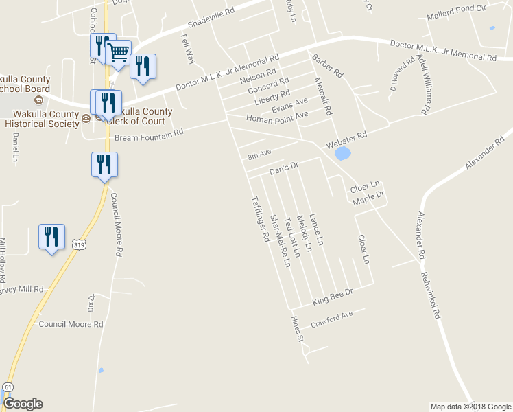 map of restaurants, bars, coffee shops, grocery stores, and more near 114 Tafflinger Road in Crawfordville