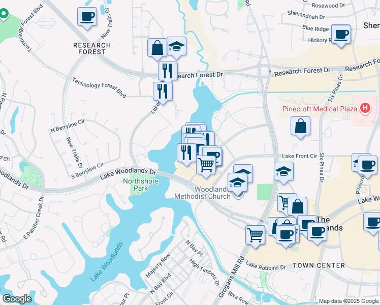 map of restaurants, bars, coffee shops, grocery stores, and more near 1950 Hughes Landing Boulevard in The Woodlands
