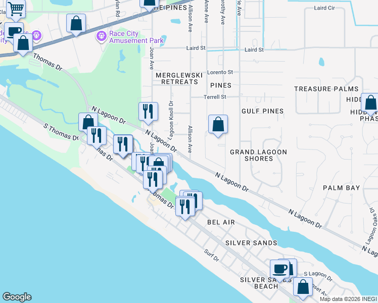 map of restaurants, bars, coffee shops, grocery stores, and more near 2930 Allison Avenue in Panama City Beach