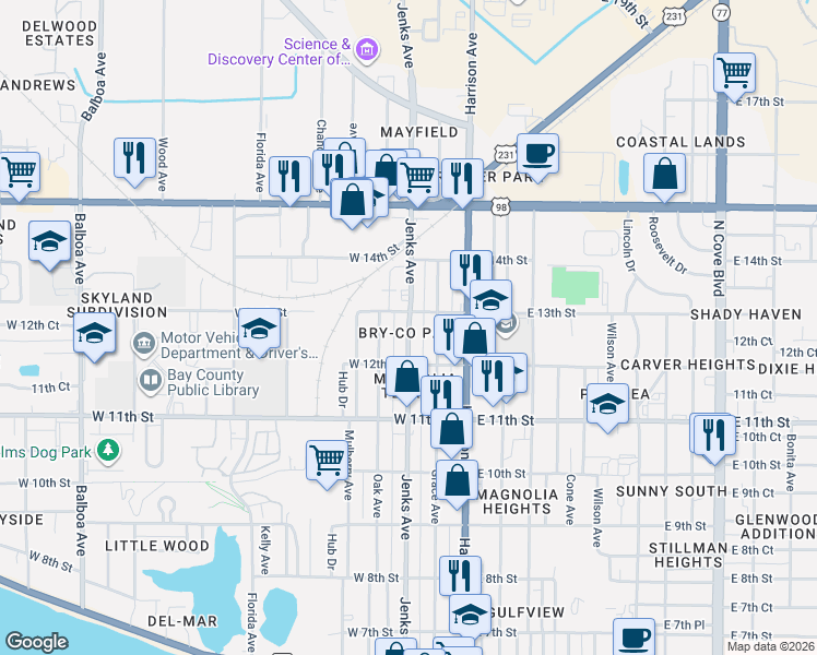 map of restaurants, bars, coffee shops, grocery stores, and more near 1235 Jenks Avenue in Panama City