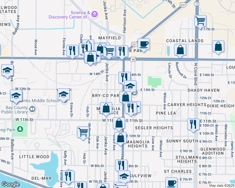 map of restaurants, bars, coffee shops, grocery stores, and more near 1219 Harrison Avenue in Panama City