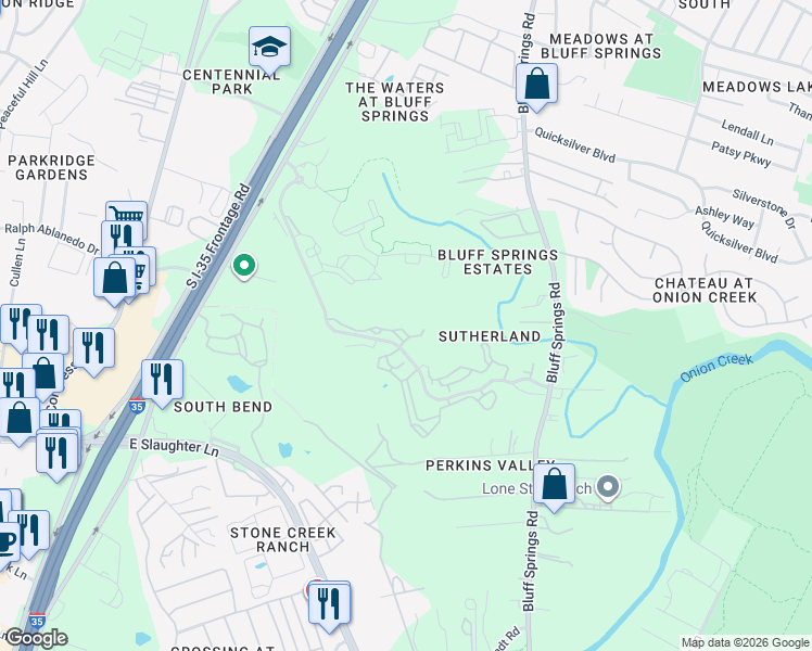 map of restaurants, bars, coffee shops, grocery stores, and more near 8300 Bluff Springs Road in Austin