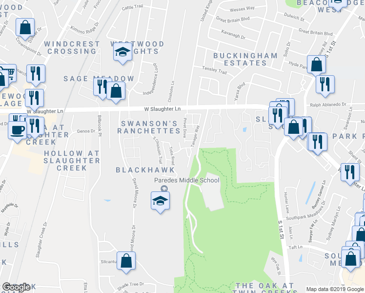 map of restaurants, bars, coffee shops, grocery stores, and more near 9502 Tanager Way in Austin