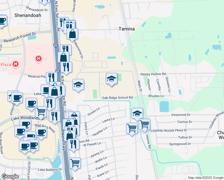 map of restaurants, bars, coffee shops, grocery stores, and more near 27330 Oak Ridge School Road in Conroe