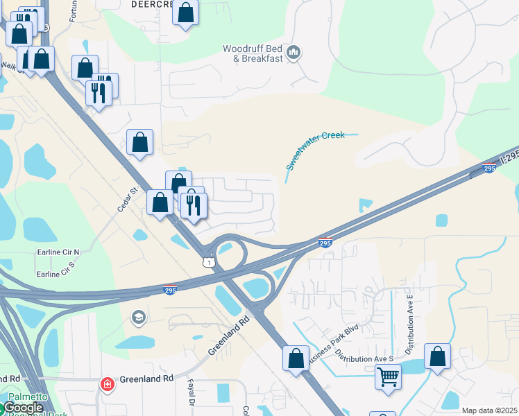 map of restaurants, bars, coffee shops, grocery stores, and more near 7635 Sunwood Dr in Jacksonville