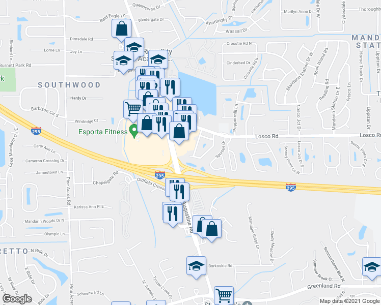 map of restaurants, bars, coffee shops, grocery stores, and more near 11262 Shady Glen Drive in Jacksonville