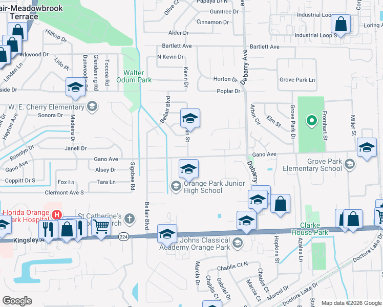 map of restaurants, bars, coffee shops, grocery stores, and more near 1443 Dolphin Street in Orange Park