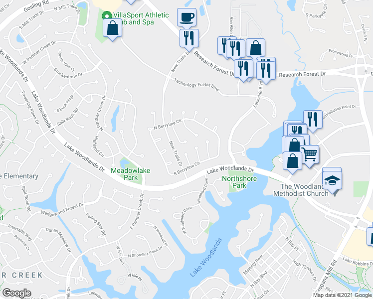 map of restaurants, bars, coffee shops, grocery stores, and more near 22 Herald Oak Ct in Spring
