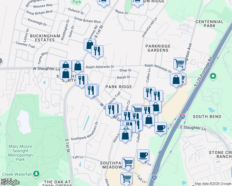 map of restaurants, bars, coffee shops, grocery stores, and more near 8912 Francia Trail in Austin