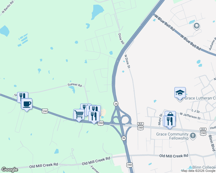 map of restaurants, bars, coffee shops, grocery stores, and more near 902 Wild Vine Pass in Brenham