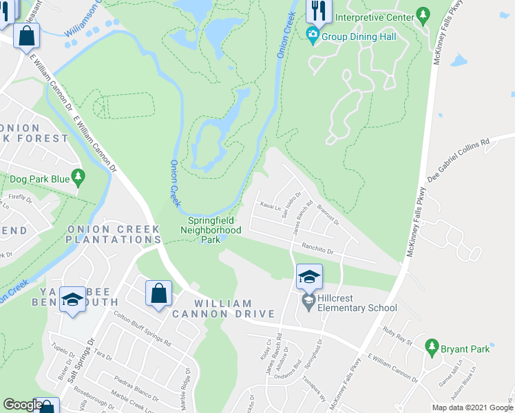 map of restaurants, bars, coffee shops, grocery stores, and more near 6501 Kauai Lane in Austin