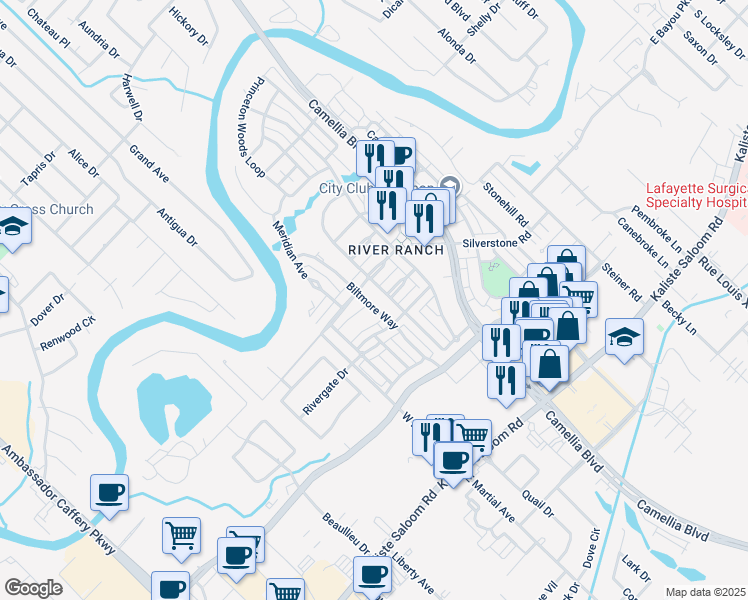 map of restaurants, bars, coffee shops, grocery stores, and more near 310 Biltmore Way in Lafayette