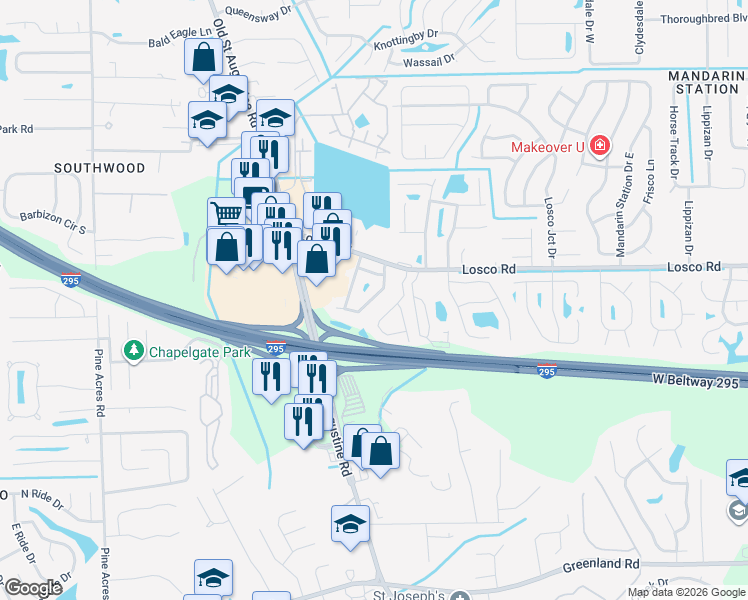 map of restaurants, bars, coffee shops, grocery stores, and more near 11253 Windtree Drive East in Jacksonville