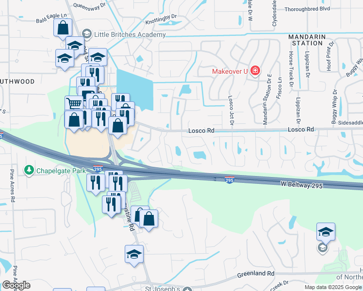 map of restaurants, bars, coffee shops, grocery stores, and more near 11146 Wandering Oaks Drive in Jacksonville
