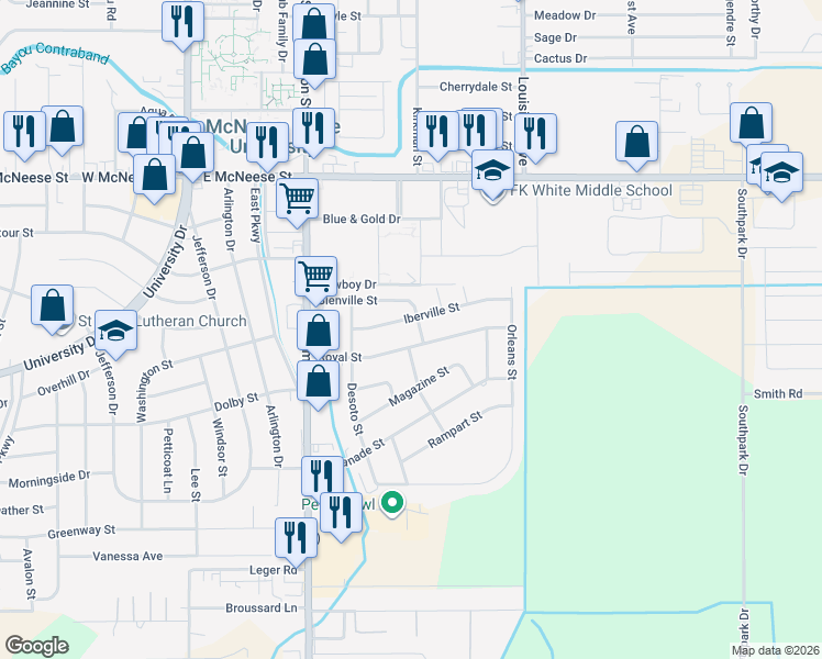 map of restaurants, bars, coffee shops, grocery stores, and more near 738 Iberville St in Lake Charles