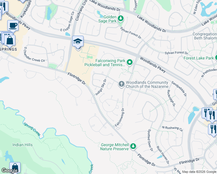 map of restaurants, bars, coffee shops, grocery stores, and more near 99 South Piper Trace in Spring