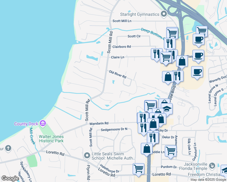map of restaurants, bars, coffee shops, grocery stores, and more near 2755 Ashton Oaks Dr in Jacksonville