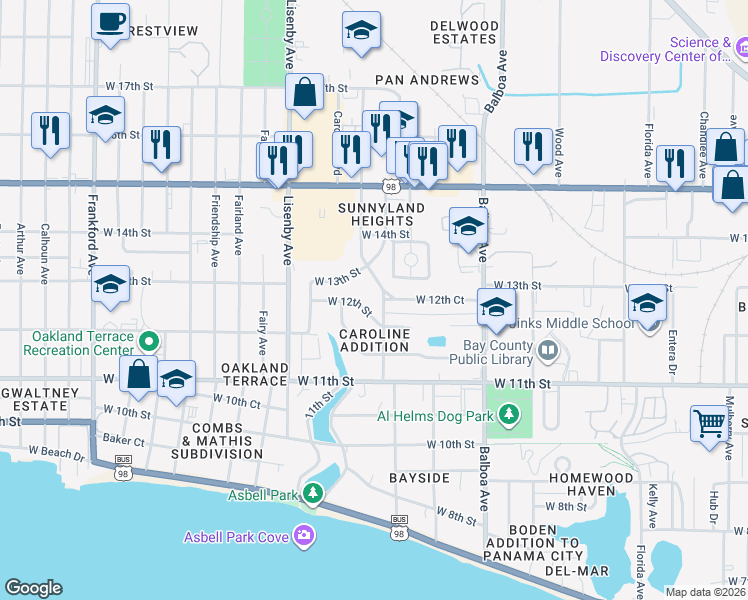 map of restaurants, bars, coffee shops, grocery stores, and more near 1205 Buena Vista Boulevard in Panama City