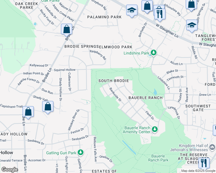 map of restaurants, bars, coffee shops, grocery stores, and more near 3513 Bankside Street in Austin
