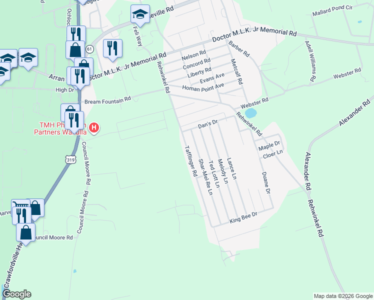 map of restaurants, bars, coffee shops, grocery stores, and more near 100 Tafflinger Road in Crawfordville