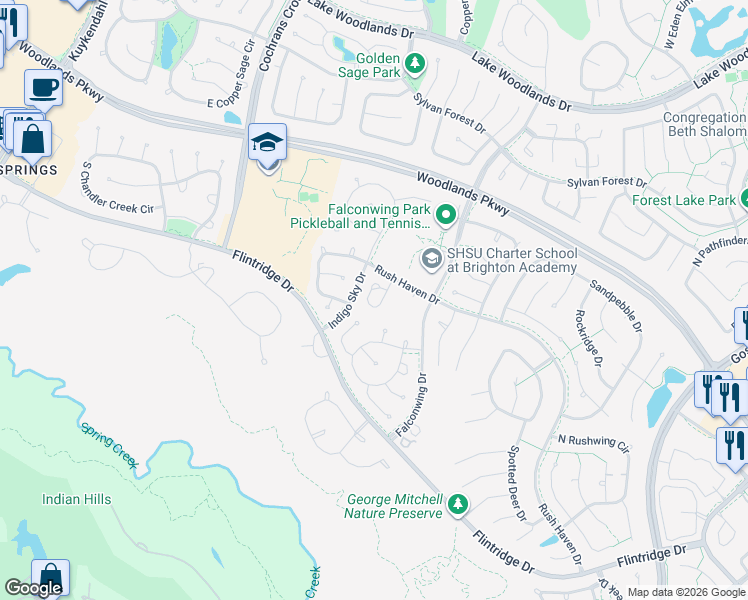 map of restaurants, bars, coffee shops, grocery stores, and more near 99 South Piper Trace in Spring